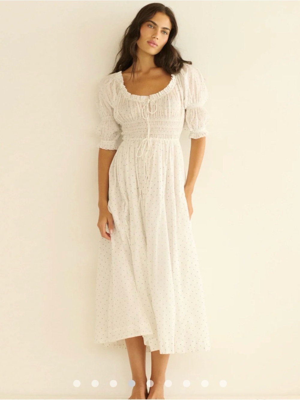 Doen Ischia Off-Shoulder White Maxi Dress with Salt Flock Dot